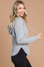 Grey Full Size Ribbed Zip Up Drawstring Hooded Jacket