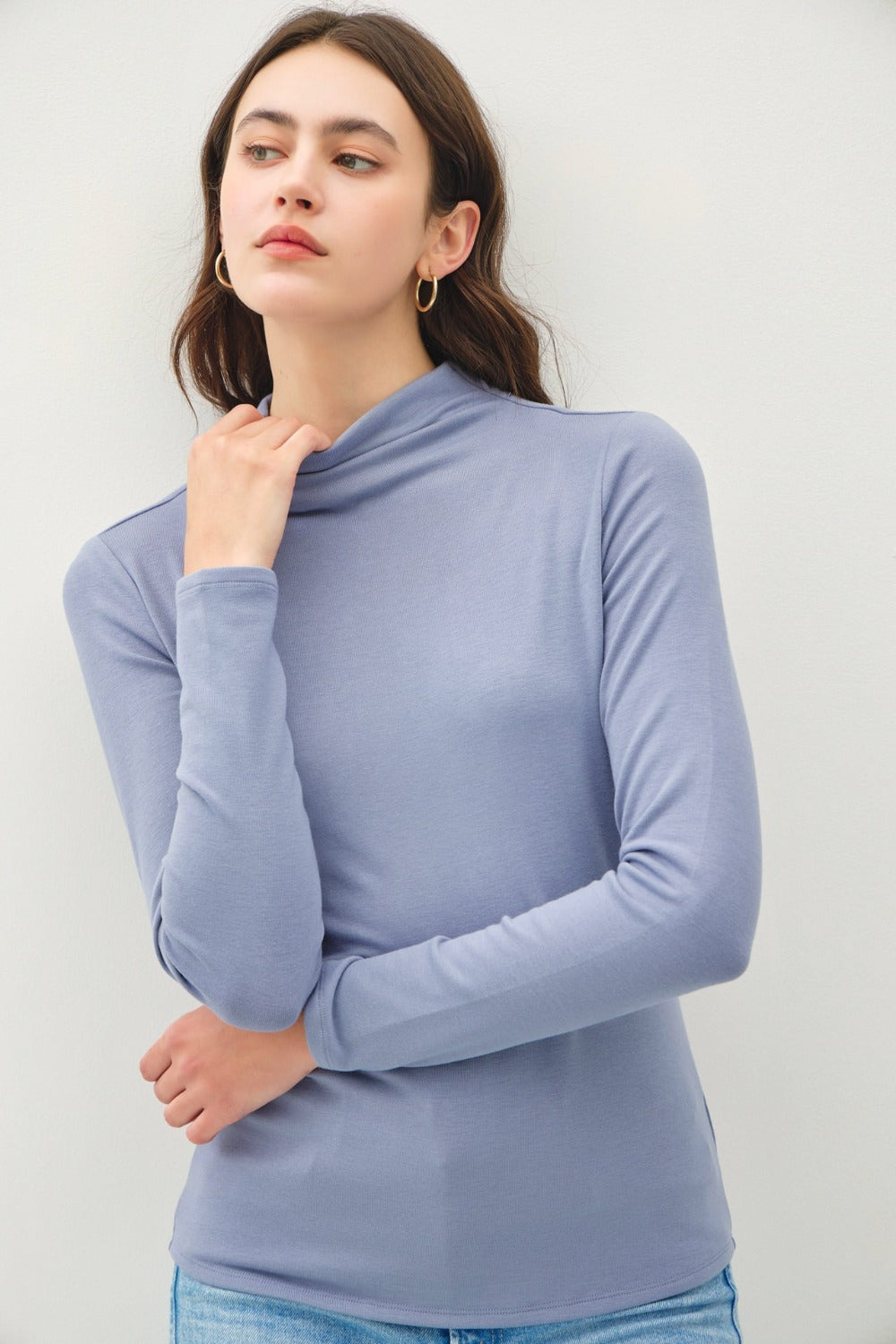 Vintage Blue Mock Neck Long Sleeve T-Shirt