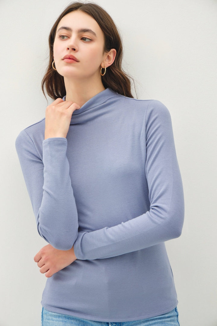 Vintage Blue Mock Neck Long Sleeve T-Shirt