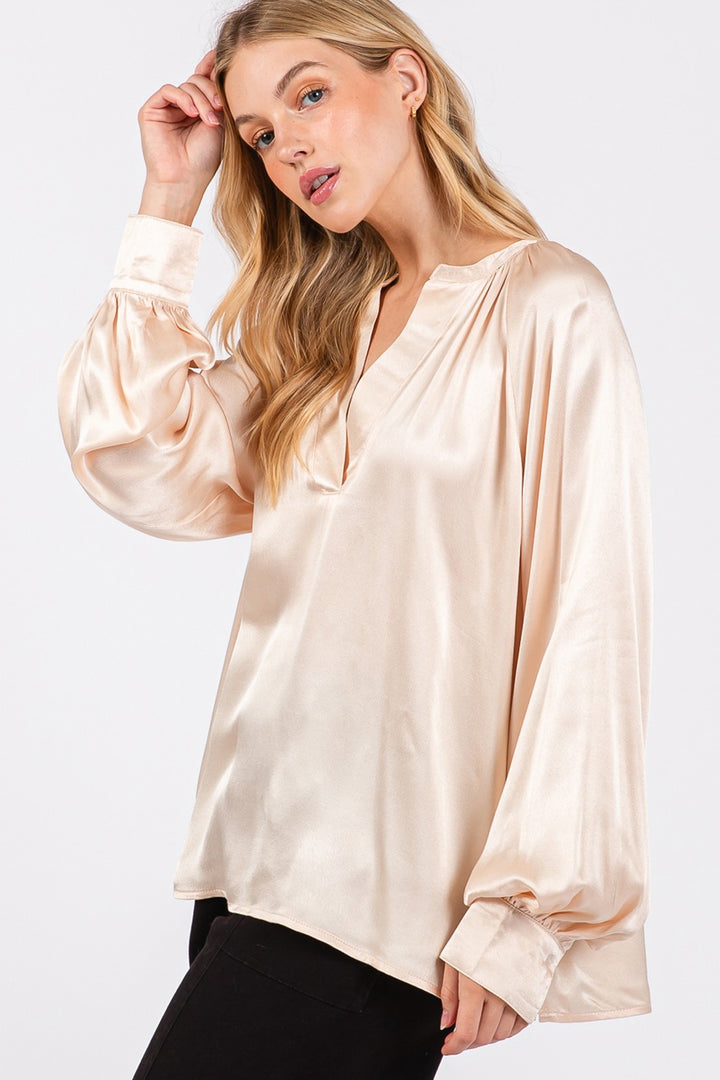 Champagne Notched Long Sleeve Blouse