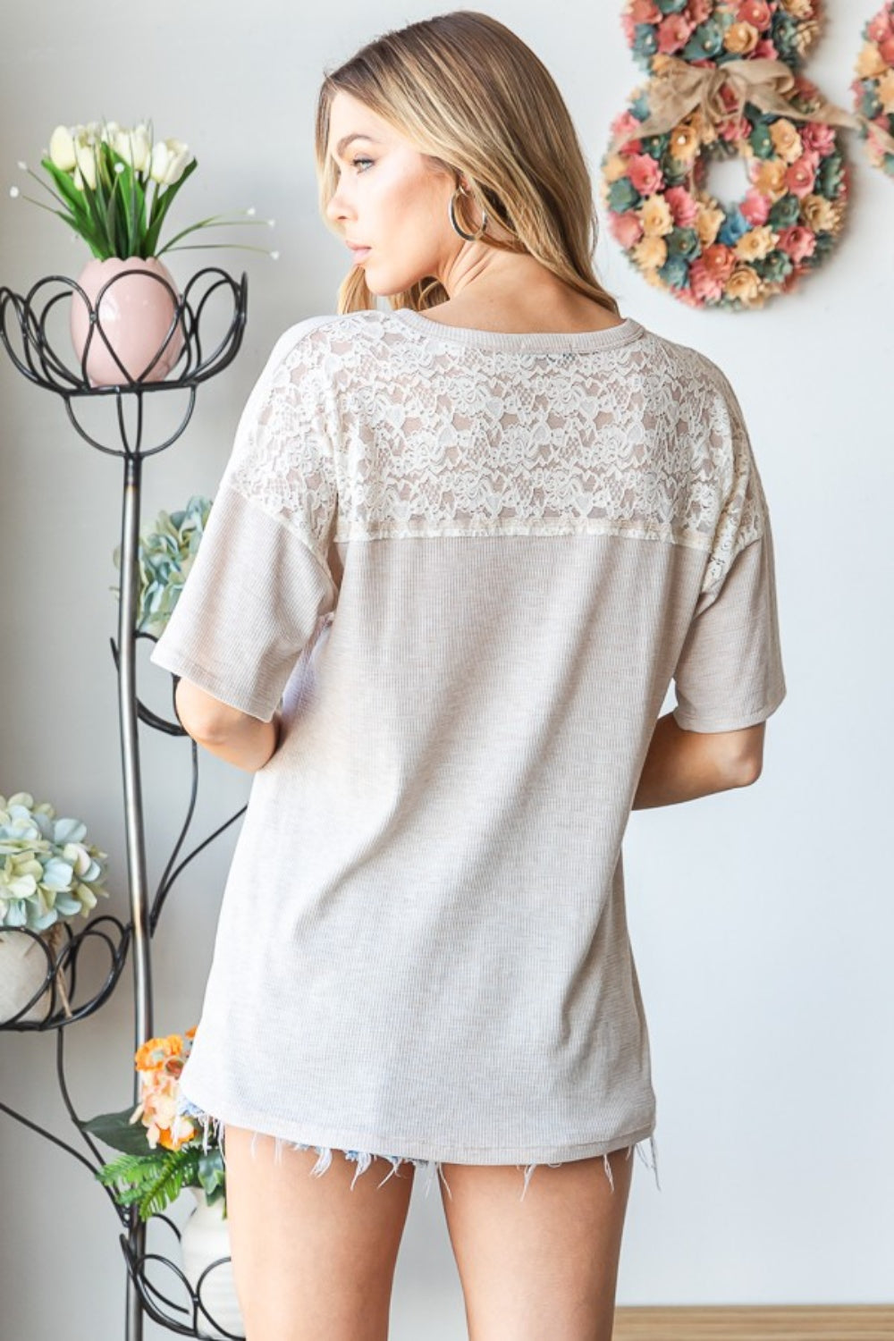 Oatmeal Full Size Lace Front Pocket Drop Shoulder Top
