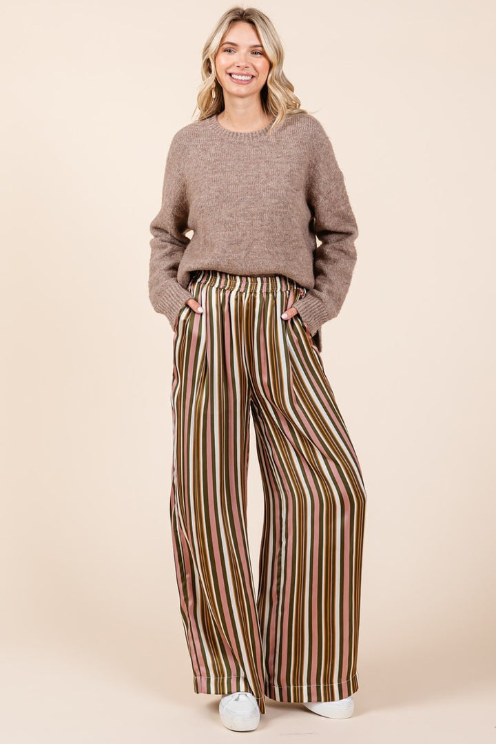 Striped Satin Elastic Waist Wide Leg Pants