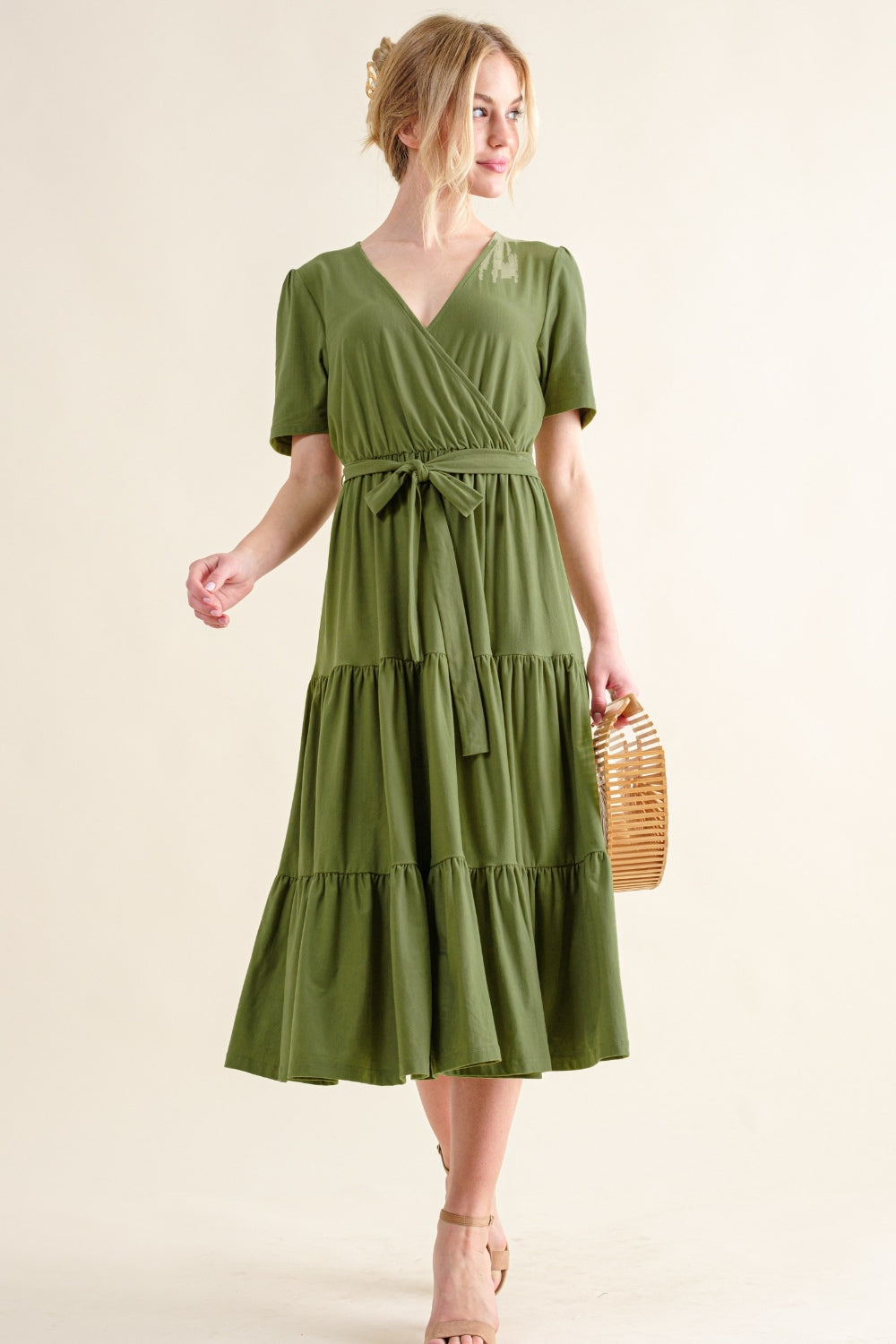 Dark Green Soft Short Sleeve Tiered Midi Dress