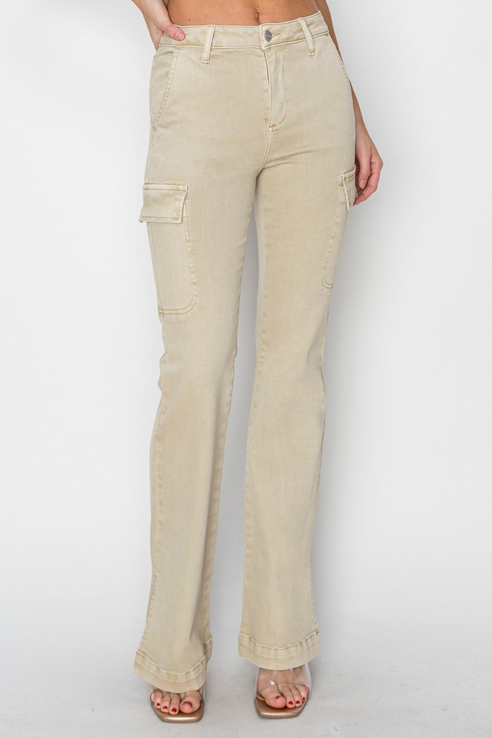 Beige Stone High Rise Side Slit Cargo Bootcut Jeans