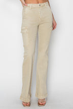 Beige Stone High Rise Side Slit Cargo Bootcut Jeans