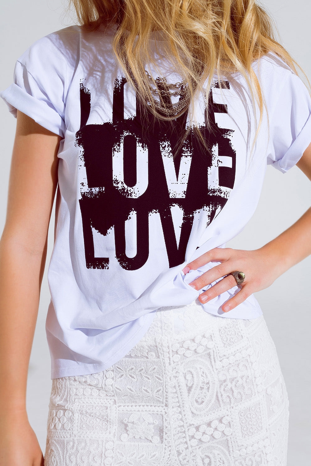Short Sleeve T-Shirt with Love Text on Front in White