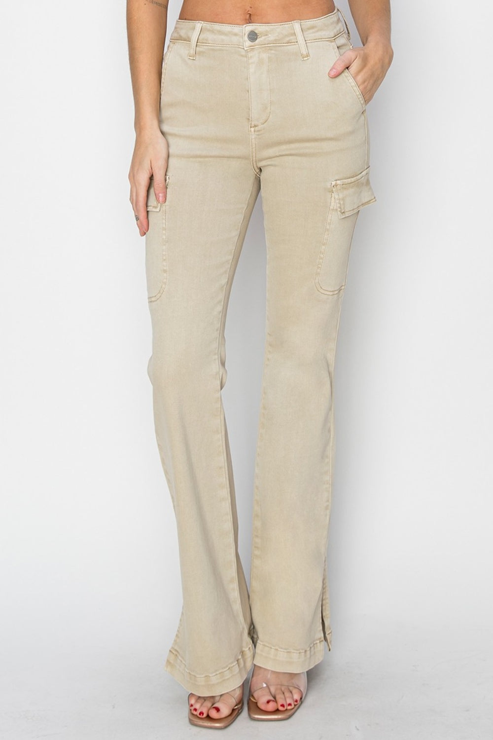 Beige Stone High Rise Side Slit Cargo Bootcut Jeans