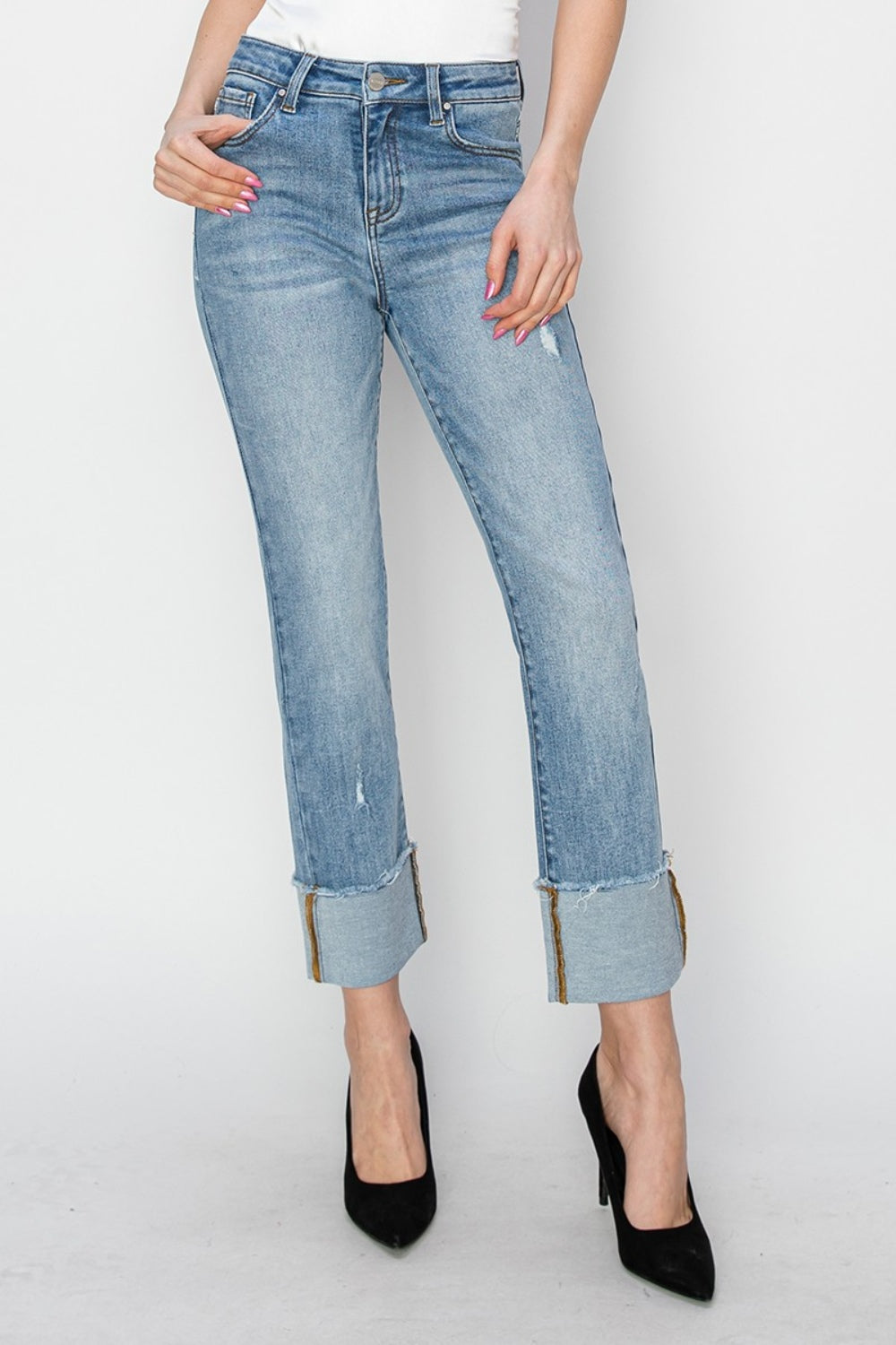 High Rise Cuffed Slim Straight Jeans