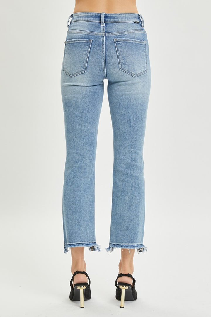 Mid Wash High Rise Distressed Cropped Straight Jeans
