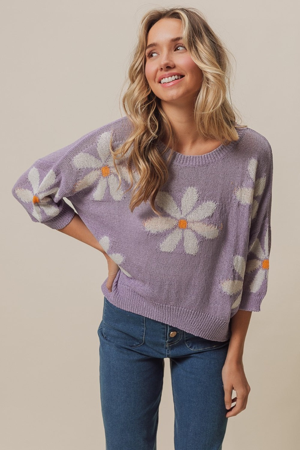 Ivory in Lavender Floral Pattern Slit Sweater