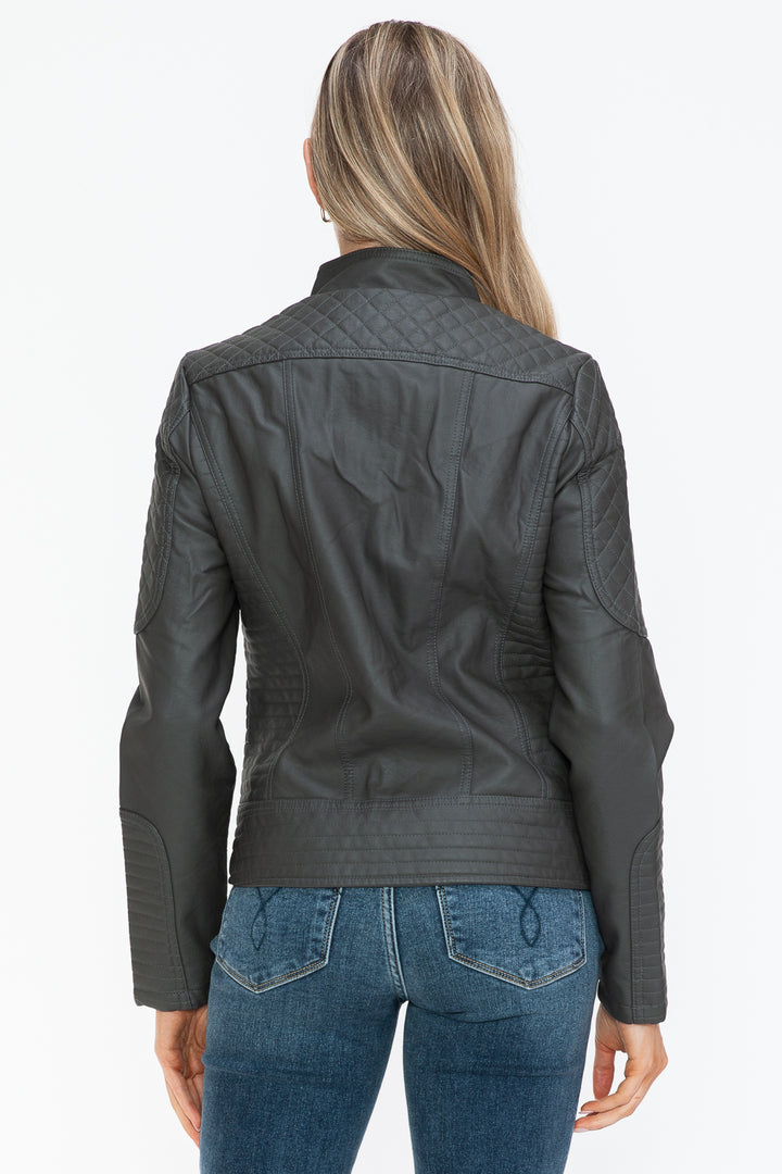 Charcoal Faux Leather Zip Up Mock Neck Jacket