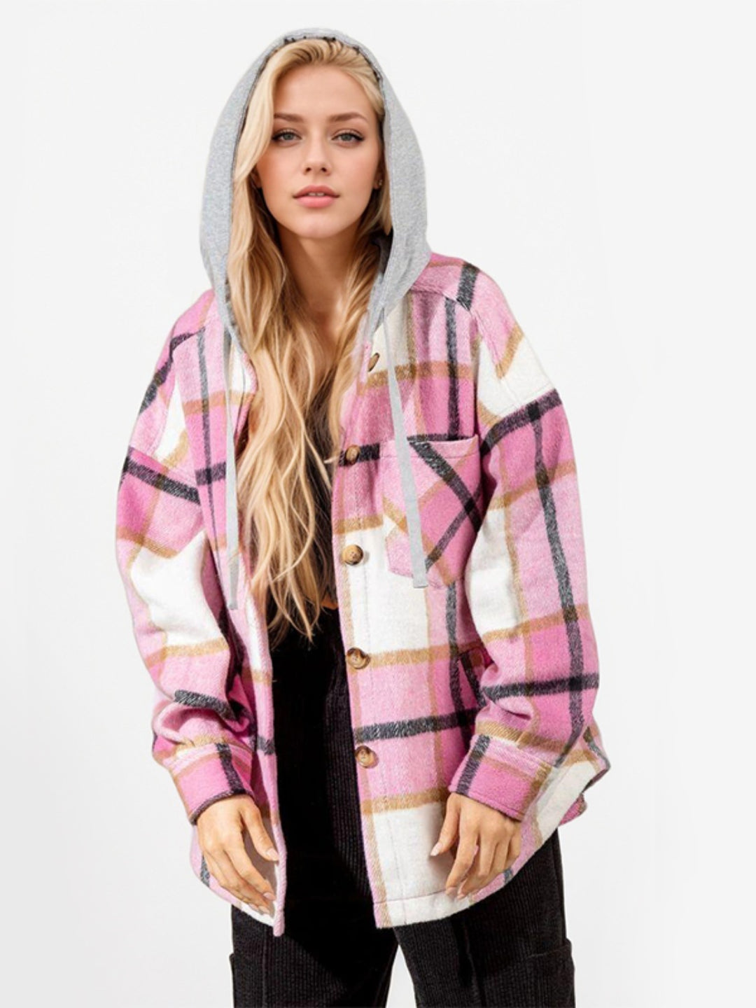 Drawstring Plaid Button Up Long Sleeve Hooded Shacket