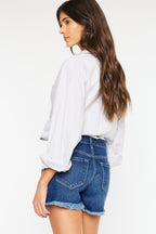 High Rise Frayed Hem Dark Denim Shorts