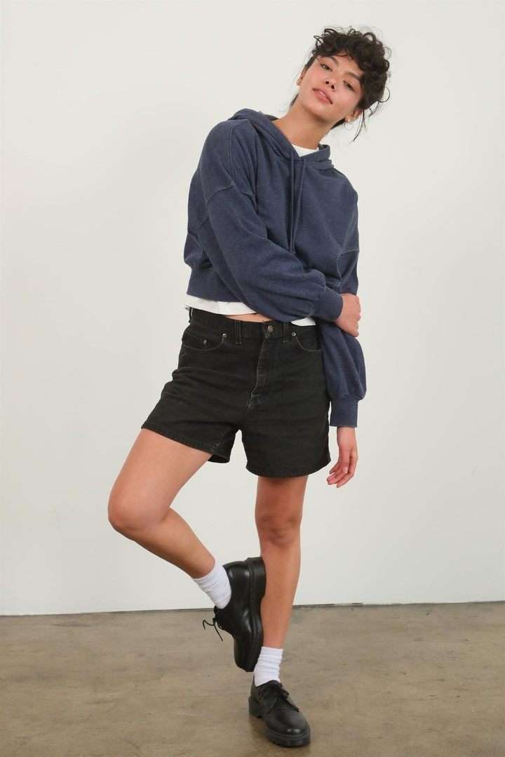 Dark Blue Drop Shoulder Cropped Hoodie