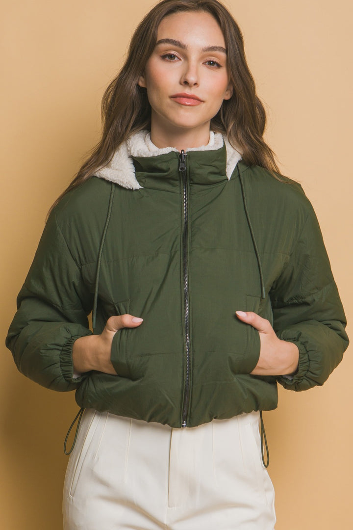 Dark Green Zip Up Cropped Hooded Sherpa Reversible Jacket