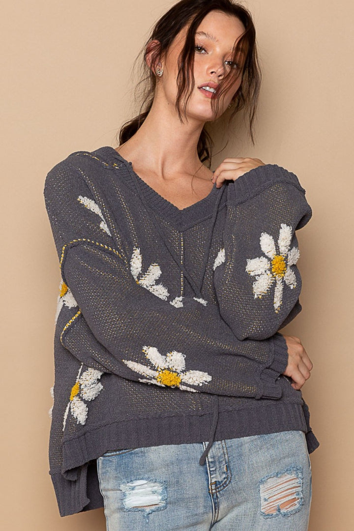 Floral Pattern Hooded High-Low Sweater Charcoal