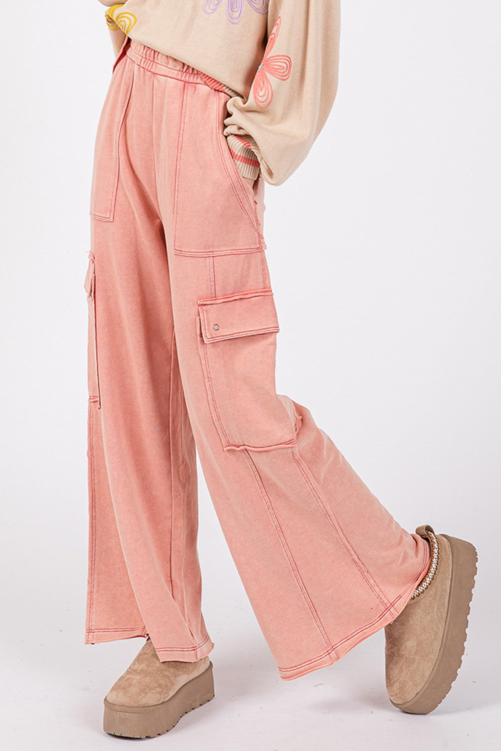 Rose Knit Terry Mineral Wash Wide Leg Pants