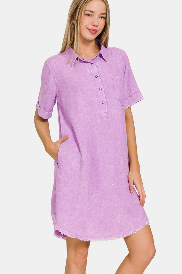 Lavender Washed Linen Raw Hem Dress with Pockets