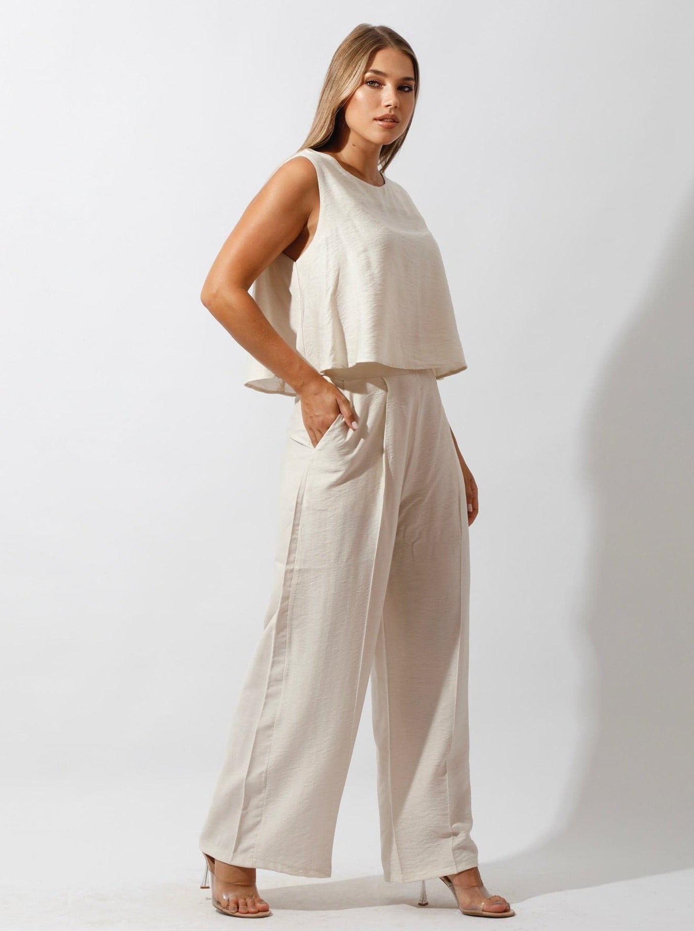 Sleeveless Tank Top & Wide Leg Pants Lounge Set Off White