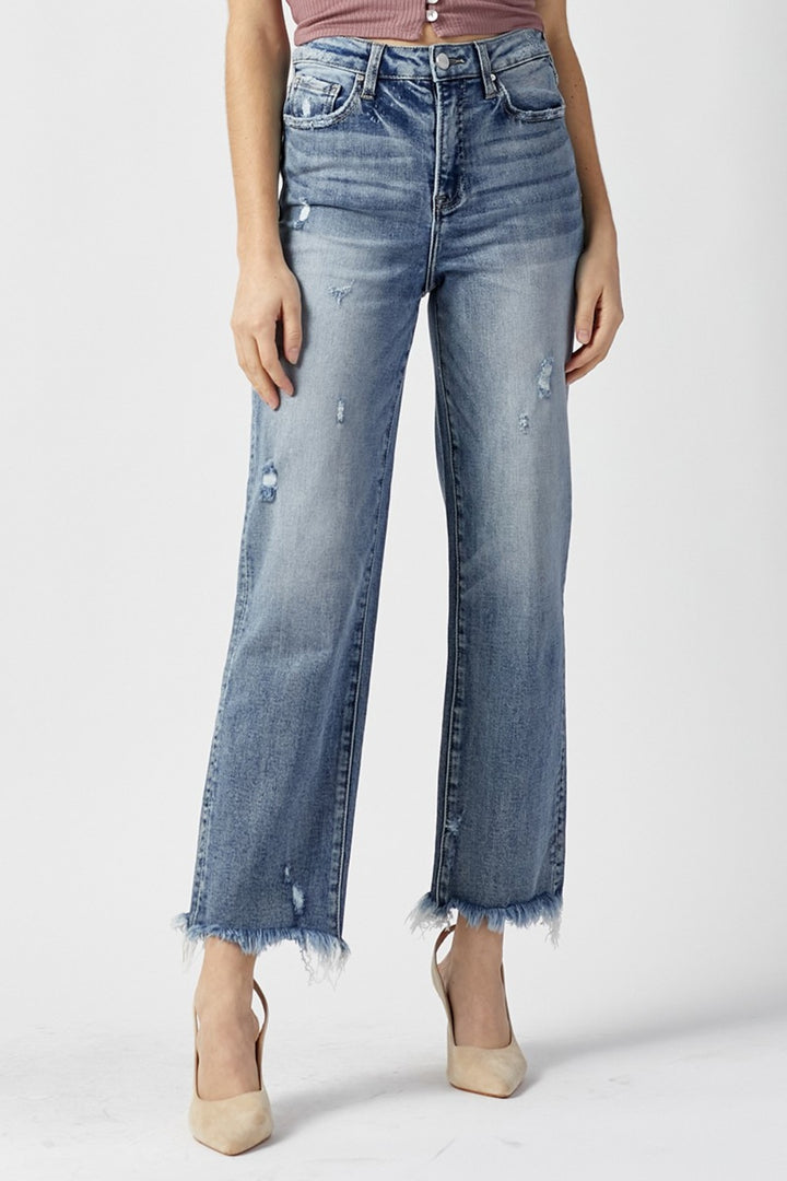 High Waist Raw Hem Straight Jeans