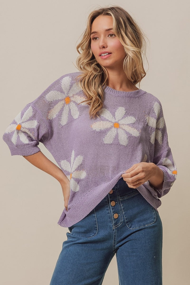 Ivory in Lavender Floral Pattern Slit Sweater