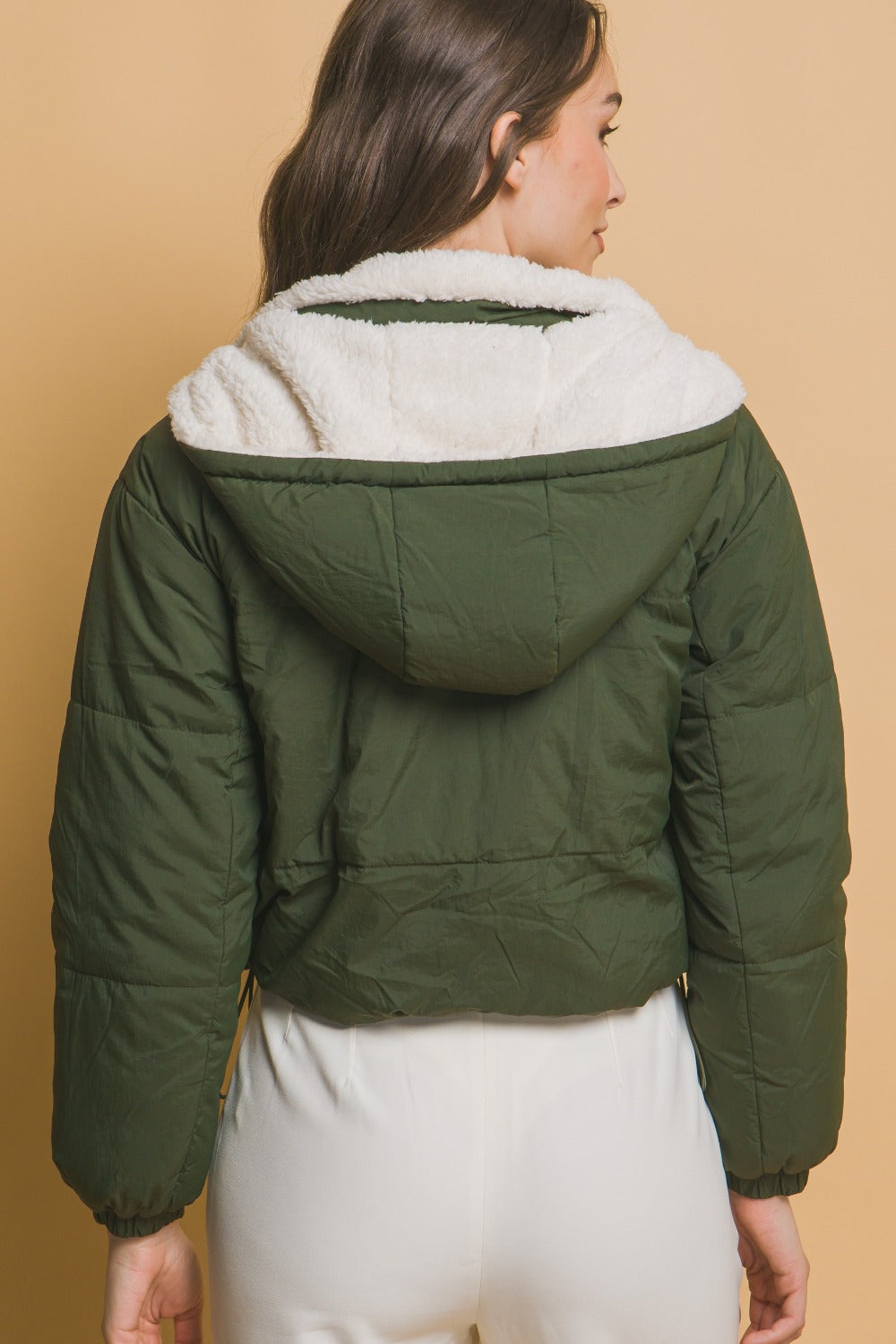 Dark Green Zip Up Cropped Hooded Sherpa Reversible Jacket