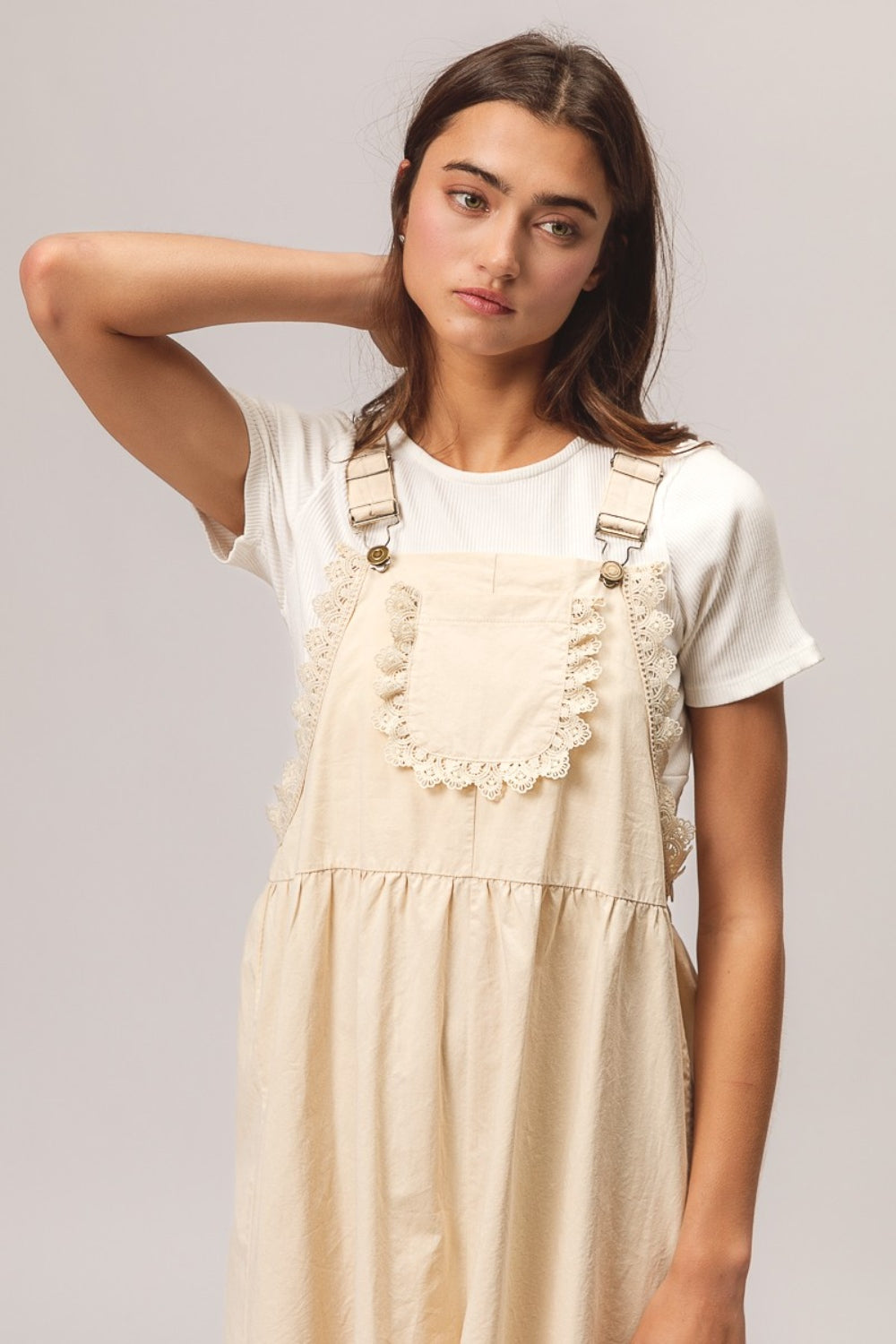 Oatmeal Back Patch Pocket Lace Trim Rompers