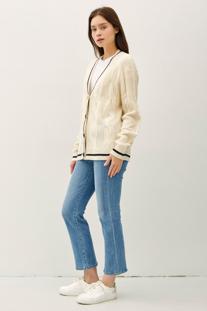 Beige Contrast Trim Cable-Knit V-Neck Cardigan