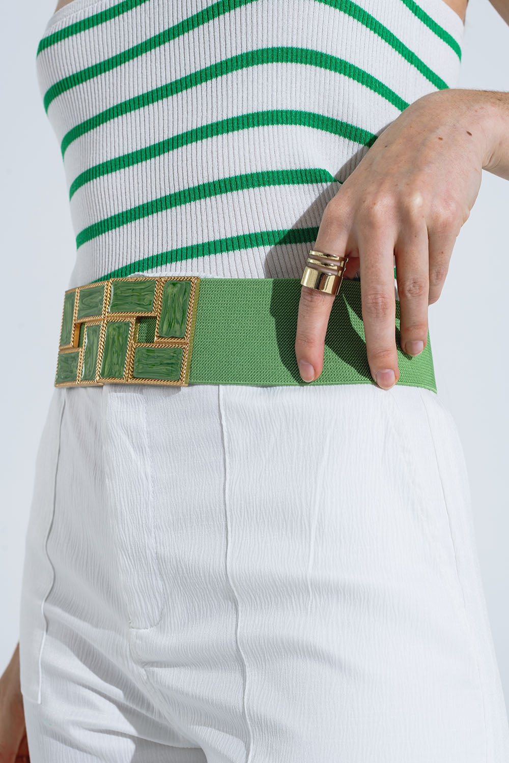 Green Elastic Belt with Squared Marbled Buckles and Gold Details