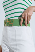 Green Elastic Belt with Squared Marbled Buckles and Gold Details