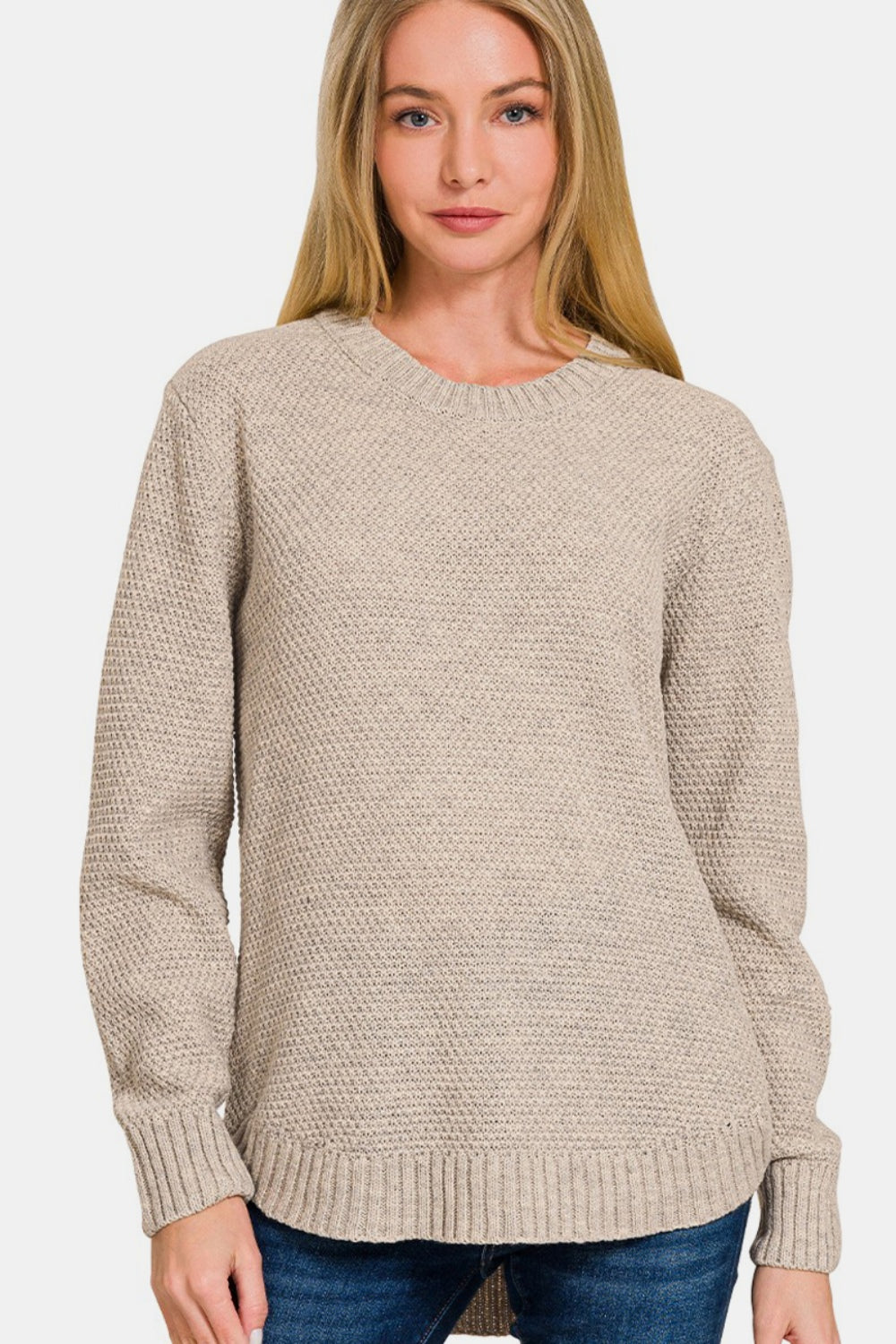 Beige Round Neck Long Sleeve Curved Hem Sweater