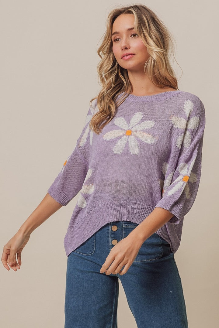 Ivory in Lavender Floral Pattern Slit Sweater