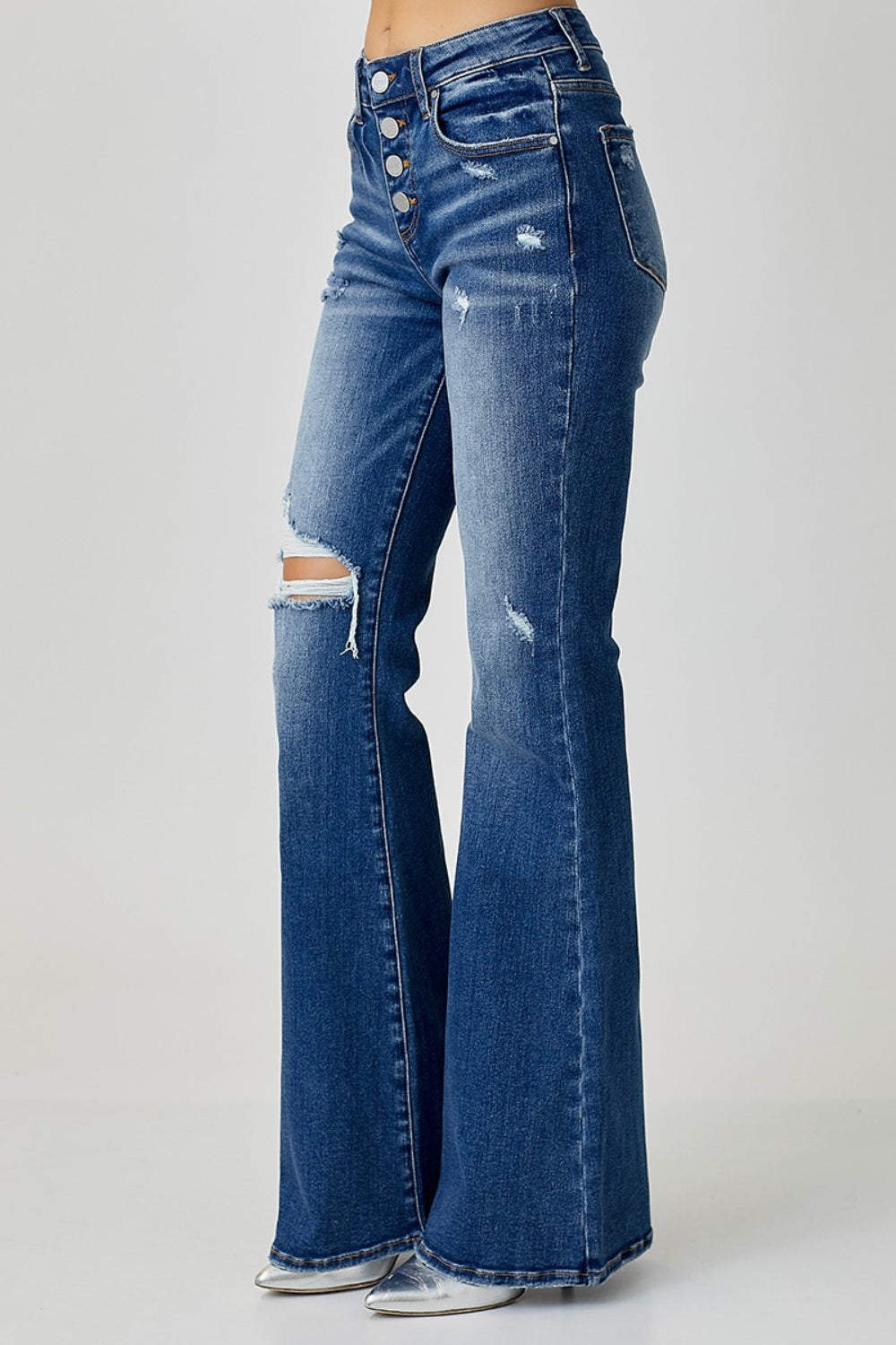 Risen Distressed Button-Fly Flare Jeans