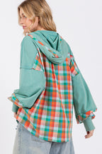 Green Plaid Print Washed Hoodie