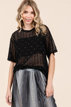 Black Round Neck Drop Shoulder Mesh Glitter Top
