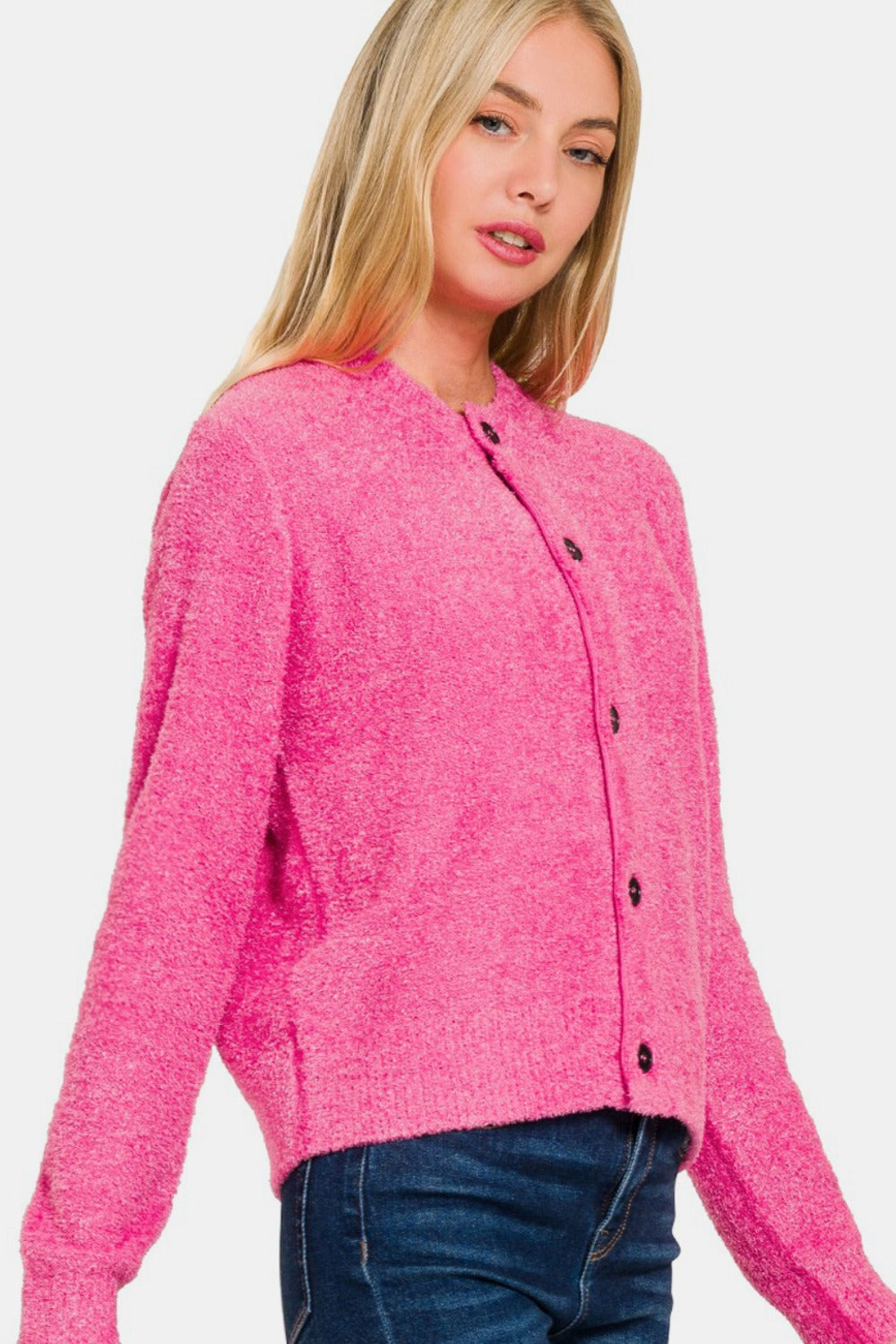 Fuchsia Button Down Long Sleeve Sweater Cardigan