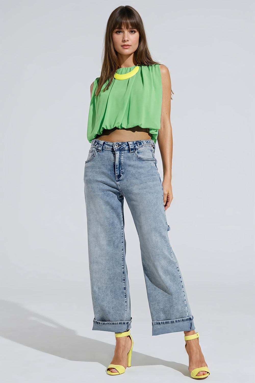 Cargo Style Bleached Jeans with Belt Like Strap Details at the Waist