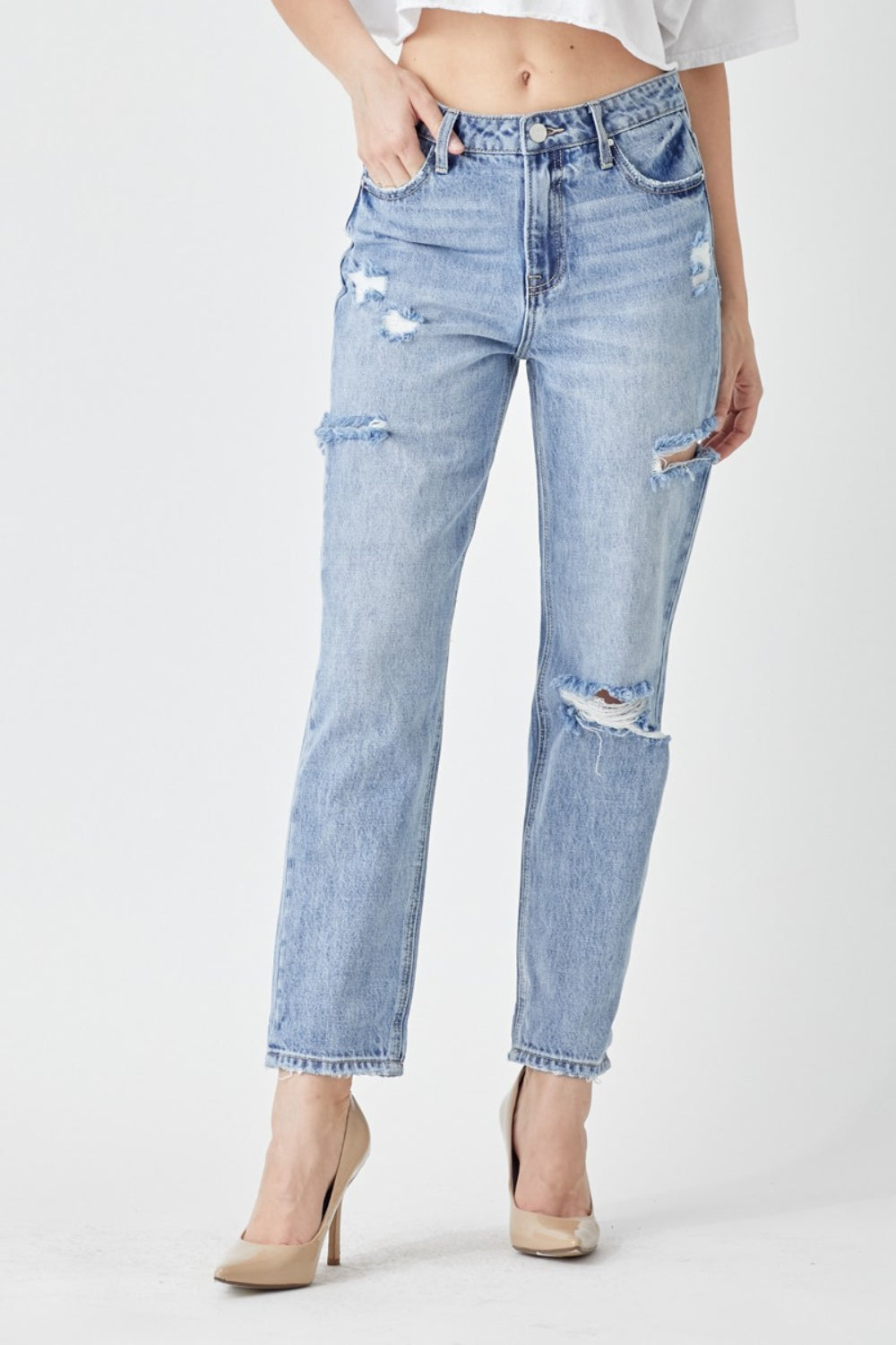 Light Blue Distressed Slim Cropped Jeans