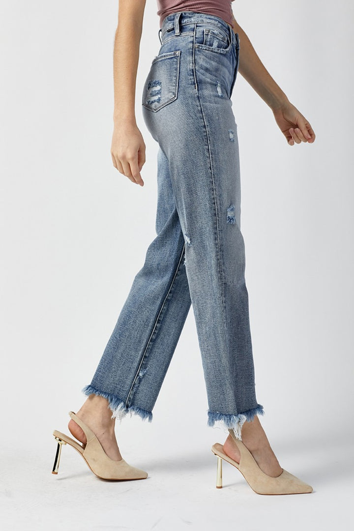 High Waist Raw Hem Straight Jeans