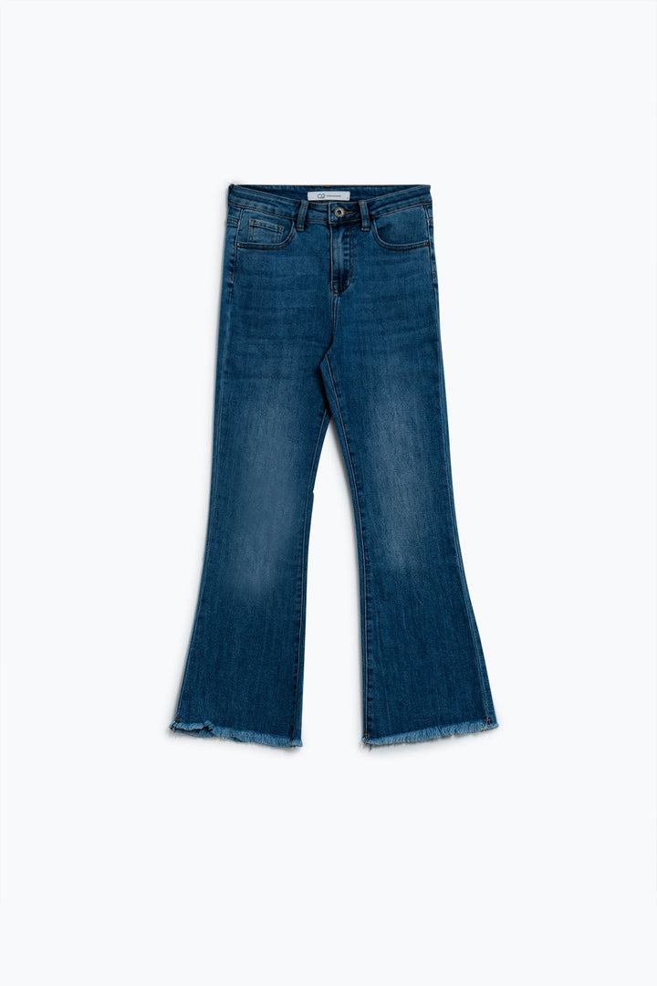 Flared Skinny Jeans with Raw Hem Edge in Mid Wash