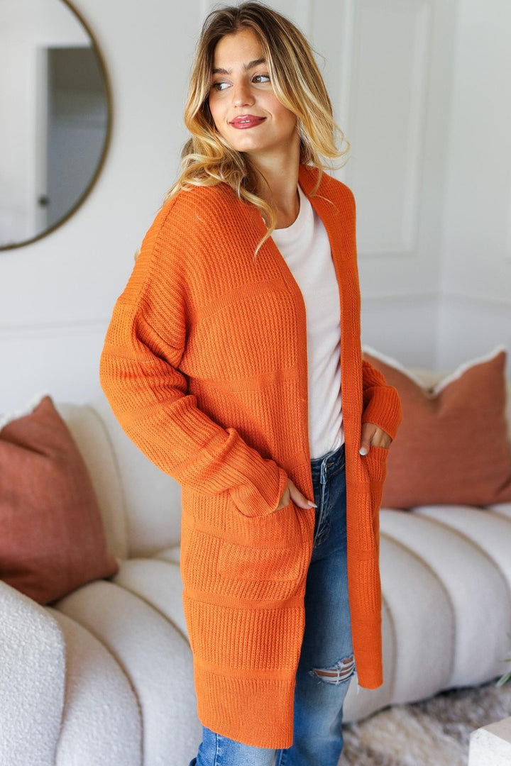 Stripe Orange Textured Open Front Cardigan with Pockets