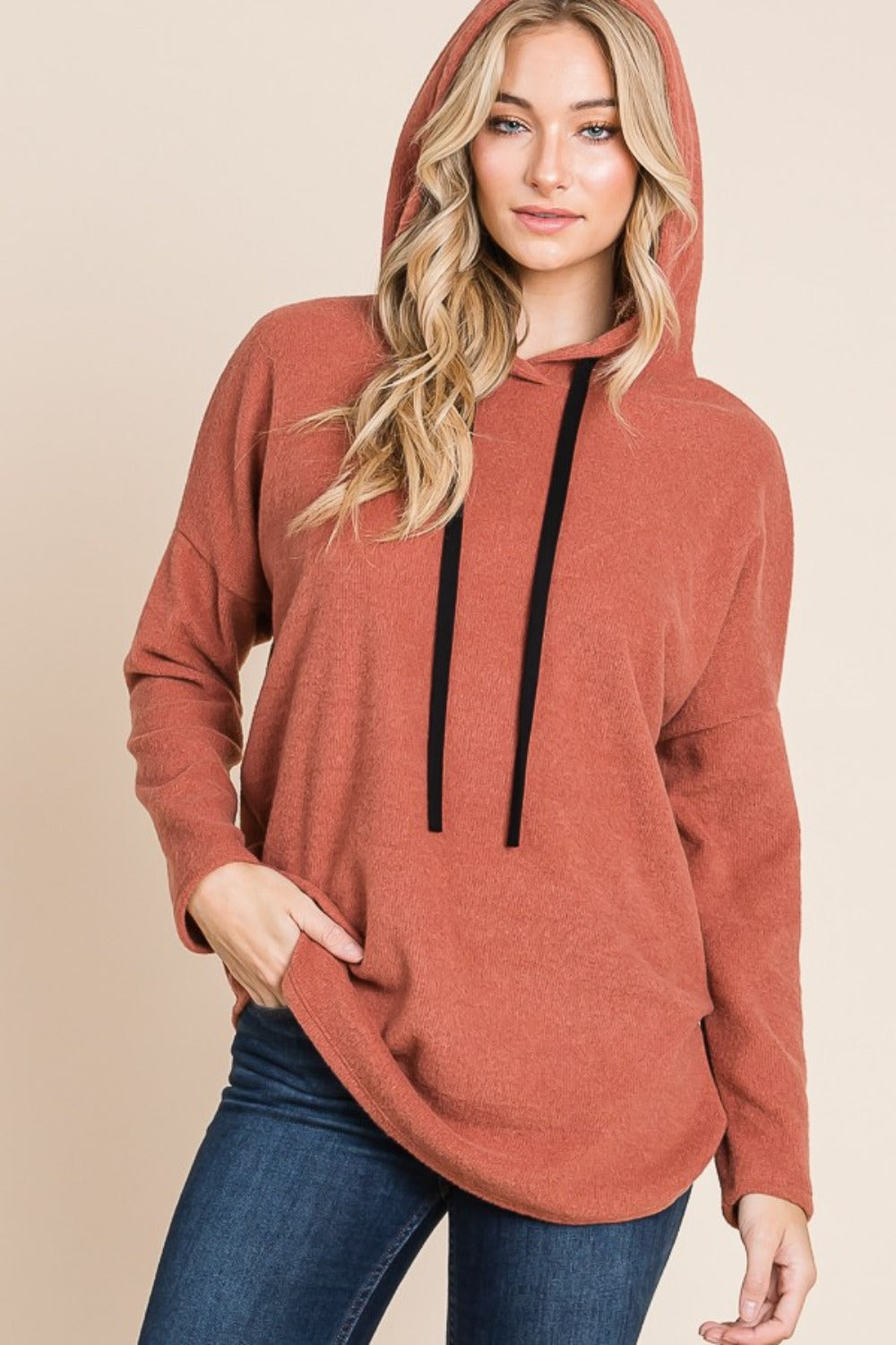 Brick Contrast Drawstring Drop Shoulder Knit Hoodie