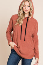 Brick Contrast Drawstring Drop Shoulder Knit Hoodie