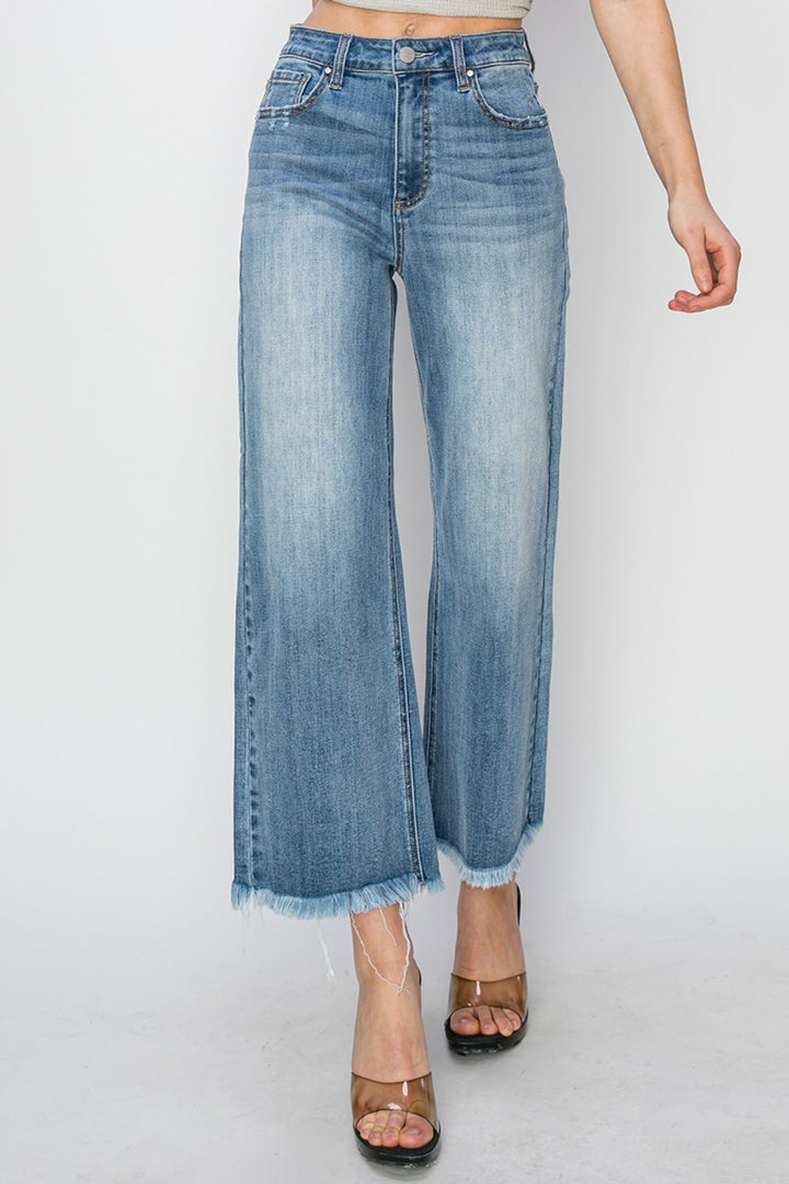 Risen Raw Hem Cropped Wide Leg Jeans