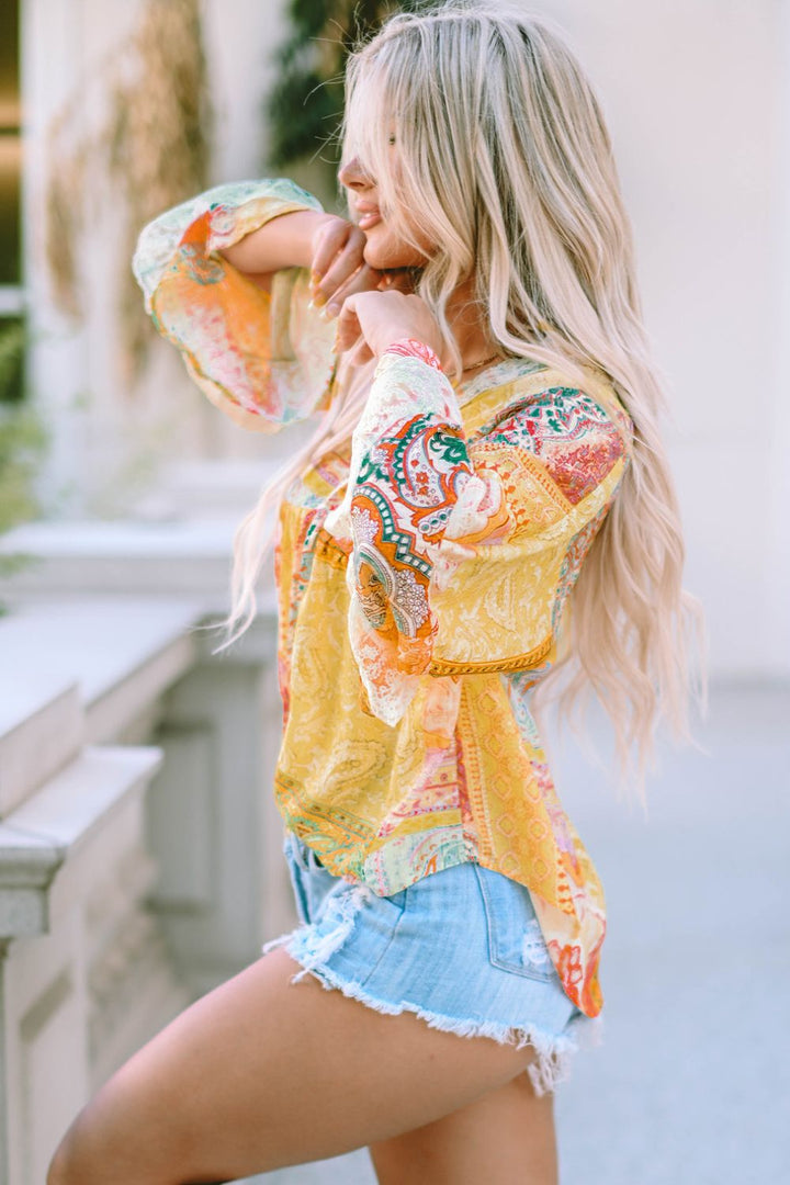 Printed Lace Trim Buttoned Blouse