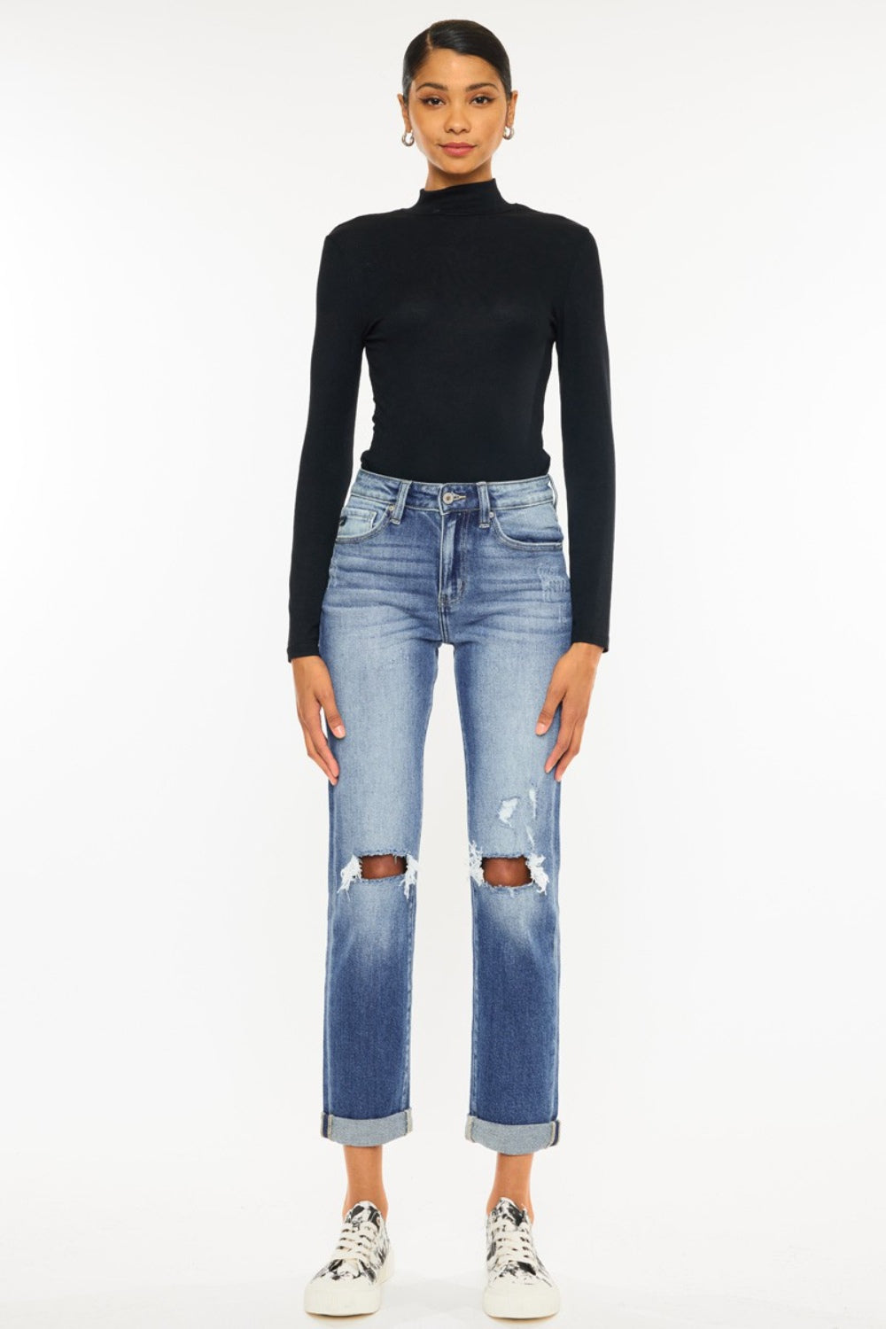 Mid Washed High Waist Distressed Hem Detail Cropped Straight Jeans