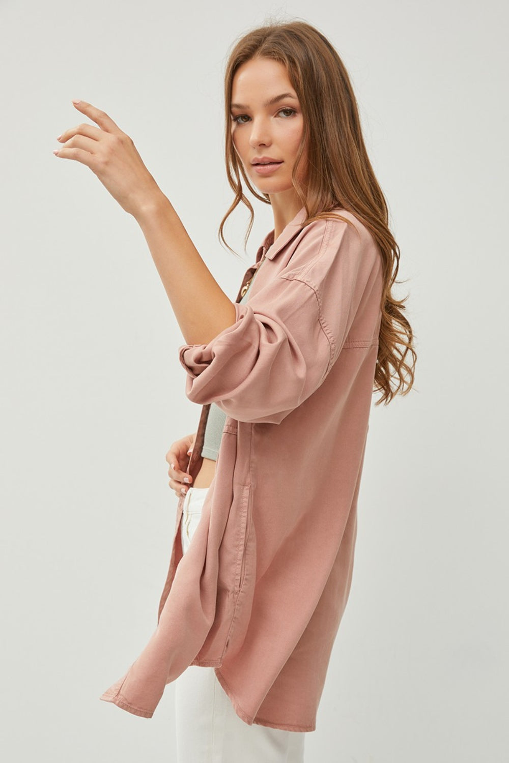 Mauve Full Size Button Up Long Sleeve Denim Shirt