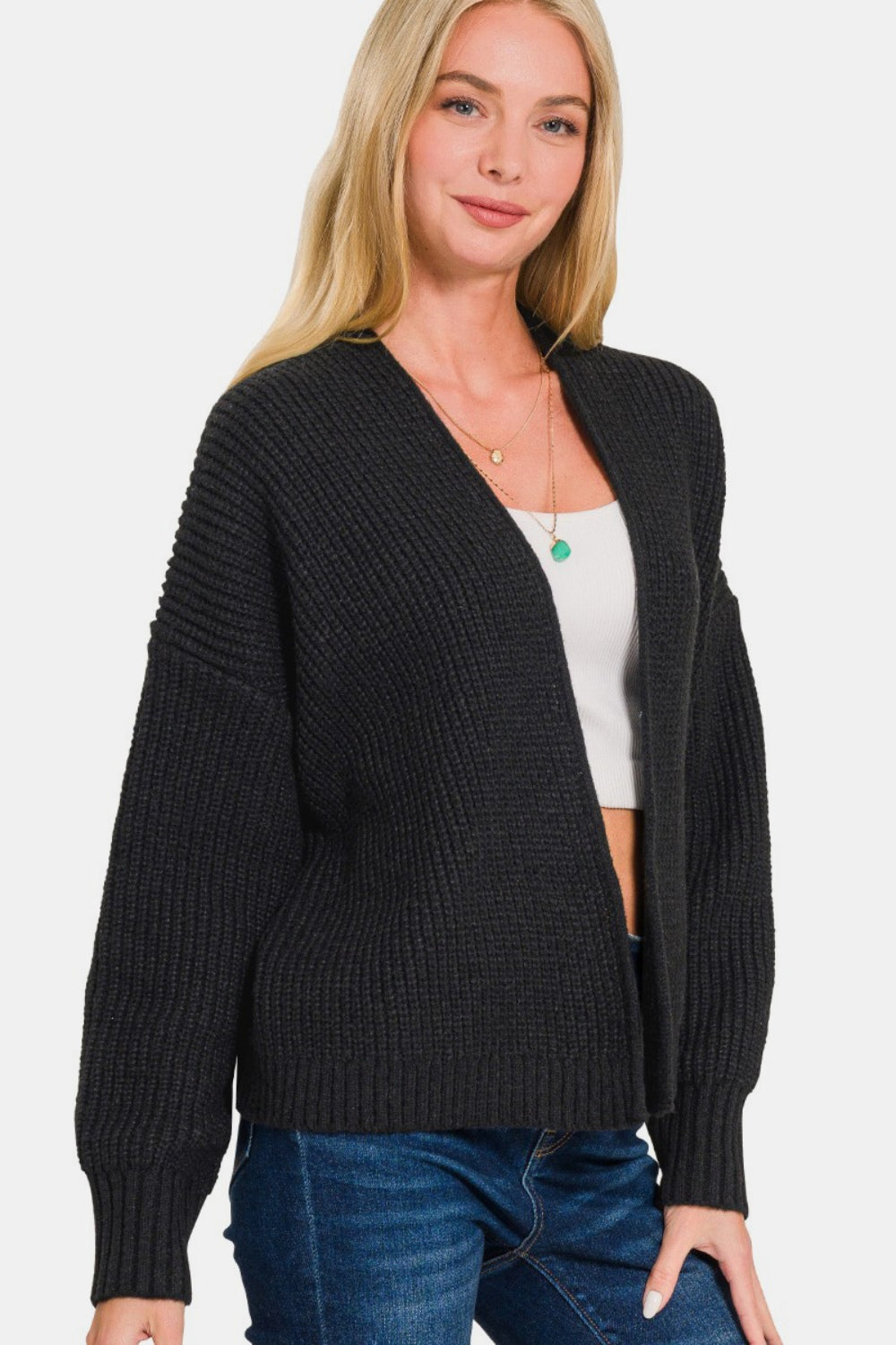 Black Open Front Drop Shoulder Sweater Cardigan