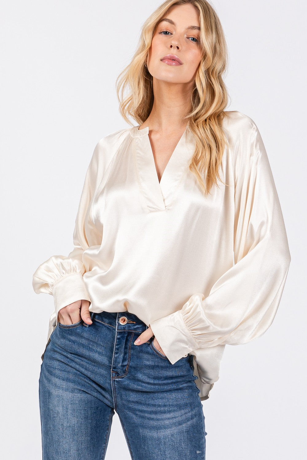 Ivory Notched Long Sleeve Blouse