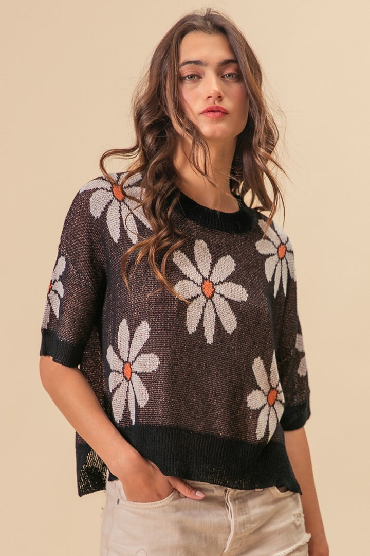 Floral Pattern Slit Sweater